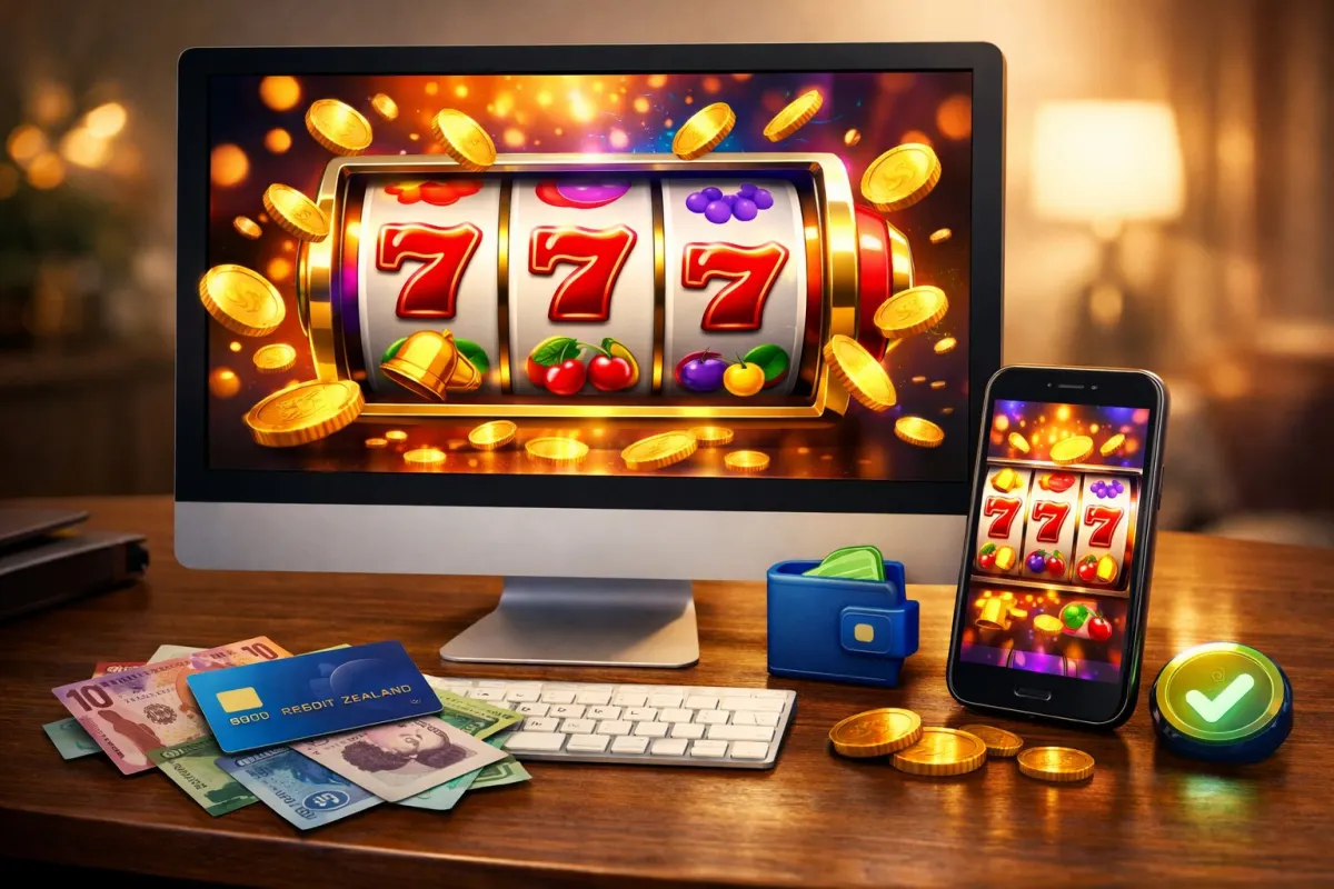 Pokies on a desktop screen and phone, with cards, cash and an e-wallet on the desk